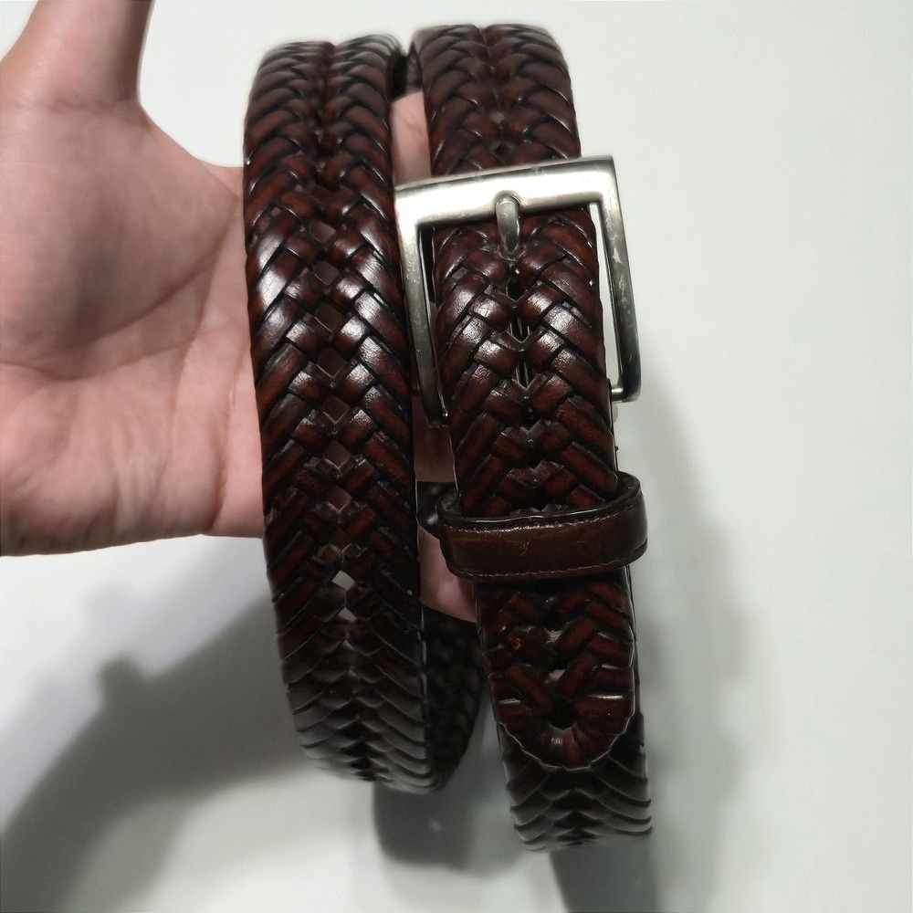 Men's Brown Woven Braided Leather Belt Size Large 38-40 Silver Square Buckle